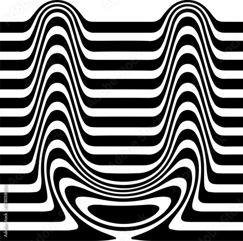 Liquified letter U, 3d striped sign, optical illusion font for opart style logo and monogram. Vector typographic design