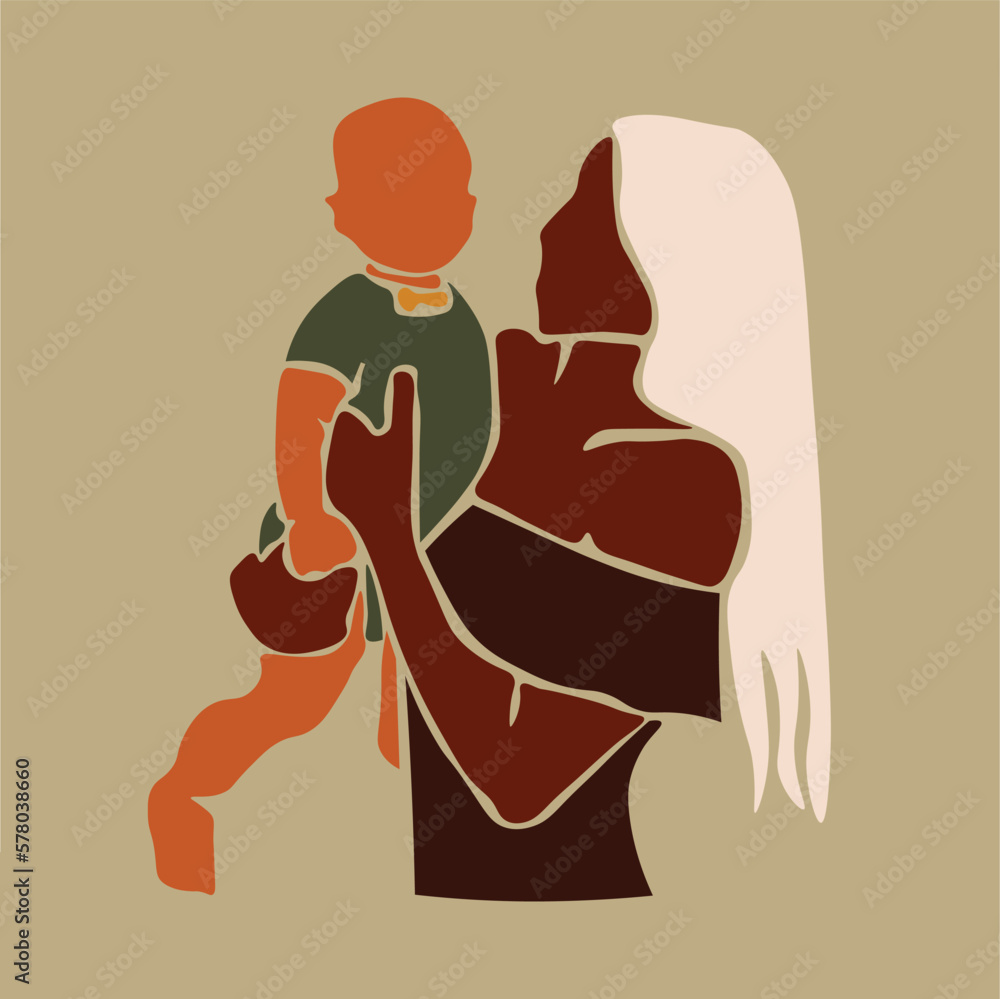 Young black mother carrying son in line art style vector