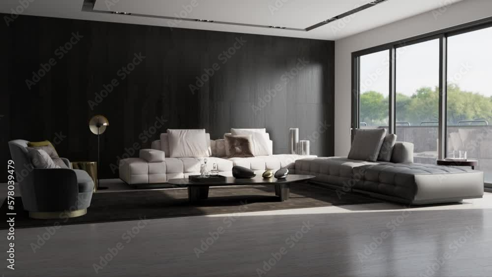 Illustration 3D rendering footage large luxury modern bright interiors Living room mockup computer digitally generated image