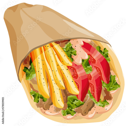 Traditional Greek souvlaki Pita Gyros with chicken, fried potatoes, tomato, lettuce and sauce wrapped in a fluffy pita on a white background. Famous Greek street food. Vector illustration.