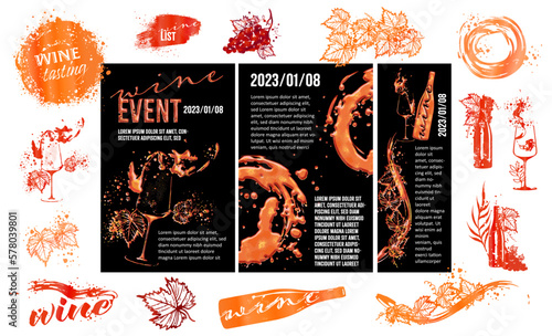 WINE EVENT template - Hand drawn elements. Wine design collection for flyers, brochures, invitation cards, advertising banners and menus. Wine stains and sketch vector illustration. Brilliant colors.