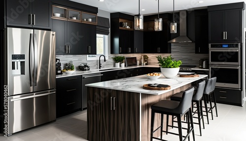 Modern kitchen interior design idea and concept. Stainless steel, black and white color pallet, bright and spacious. Generative AI illustration.