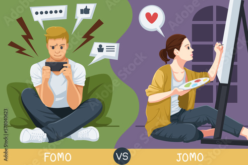 Fomo and Jomo concept. fear of missing out, joy of missing out