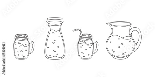 Set of cute hand drawn pitcher, carafe and jars. Vector line illustration. Collection of graphic elements for packaging, print, card, fabric, label, wallpaper, textile, wrapping paper, gift.