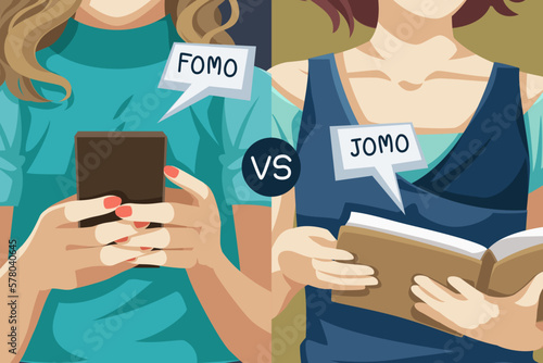 Fomo and Jomo concept. fear of missing out, joy of missing out
