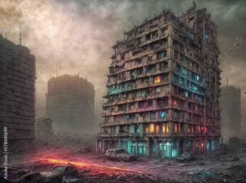 Bad inclement weather at sunset, apocalyptic architecture, a group of tall buildings in the middle of the city. Generation of artificial intelligence.