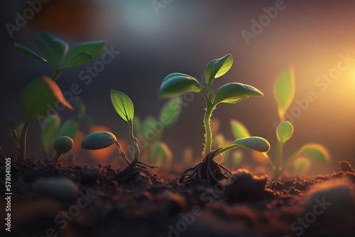 Seeds sprouting in the soil in spring，AI technology generated image