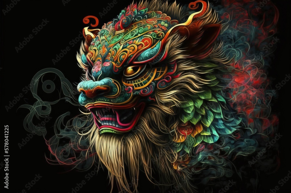 Lion head on black background，AI technology generated image