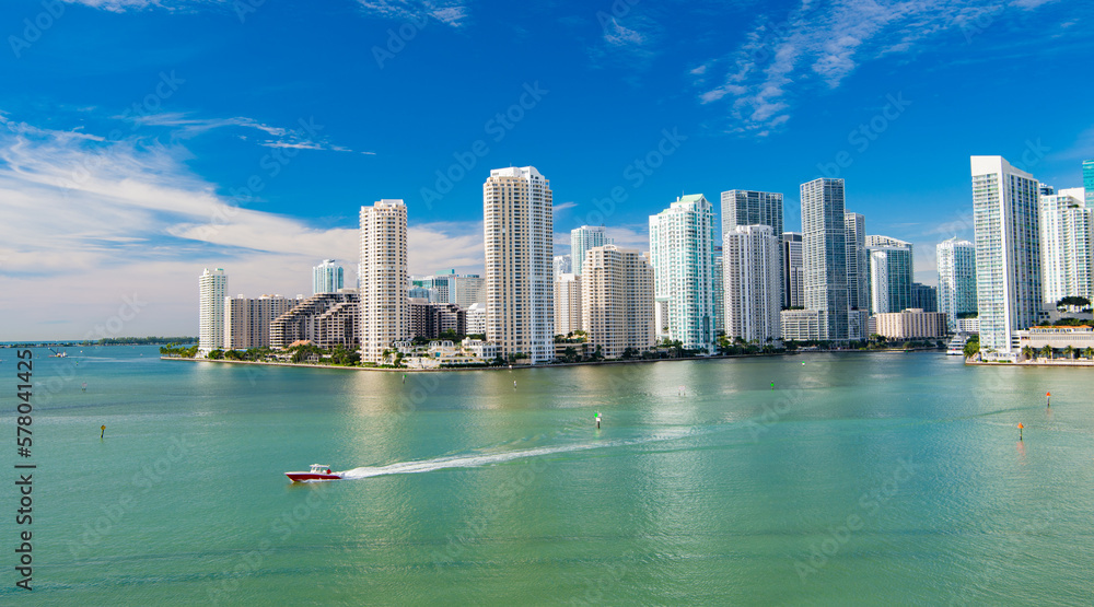 miami skyscraper skyline with boat in florida. miami skyscraper skyline with horizon.