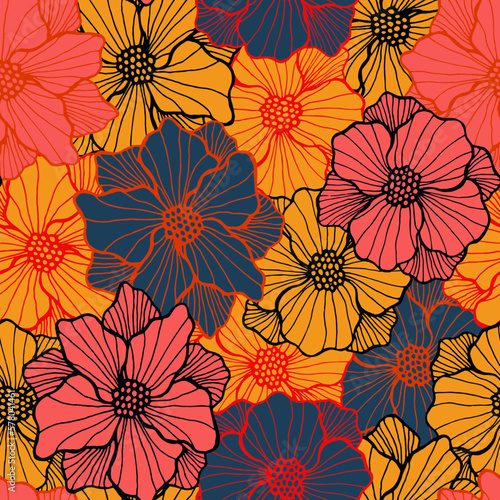 Tropical chrysanthemum flower endless design. Organic bouquet composition. Poppy