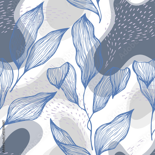 Sketch style doodle line texture leaves over stains and dots seamless vector ...