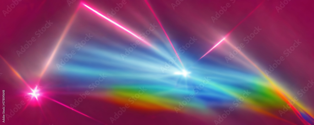 Optical lights. Colorful glow. Graphic banner. Creative illustration with flare colorful blurred rainbow rays with glare effect on pink shining background. Optical lights. Colorful glow. Graphic banner. Creative illustration with flare colorful blurred rainbow rays with glare effect on pink shining background.