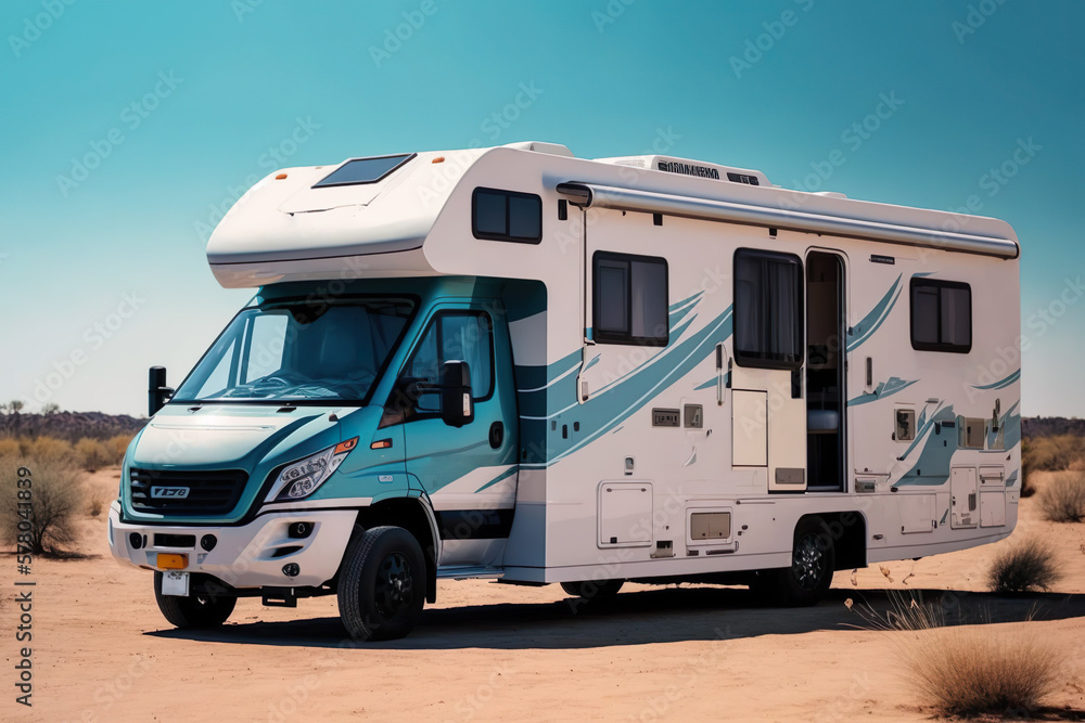 Asian Camping Adventure in Tiffany Blue RV with Side Extension.
Generative AI.