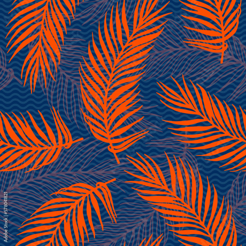 Seamless jungle palm leaves vector pattern. Botanical design over waves texture