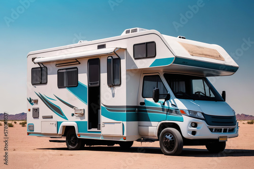 Asian Camping Adventure in Tiffany Blue RV with Side Extension. Generative AI.