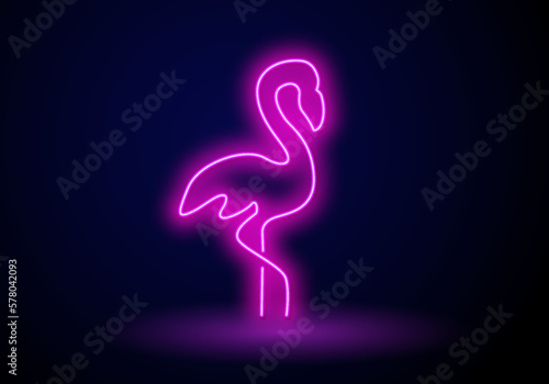 Glowing Neon effect sign with Pink Flamingo. night club or bar concept. on dark background. editable vector