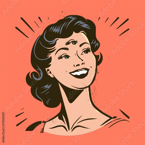 retro cartoon illustration of a beautiful mutant woman with three eyes