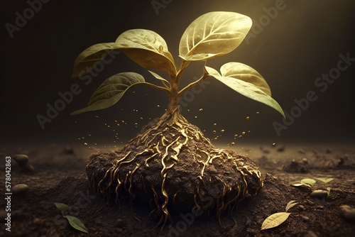 The gold is germinating in the soil.AI technology generated image photo