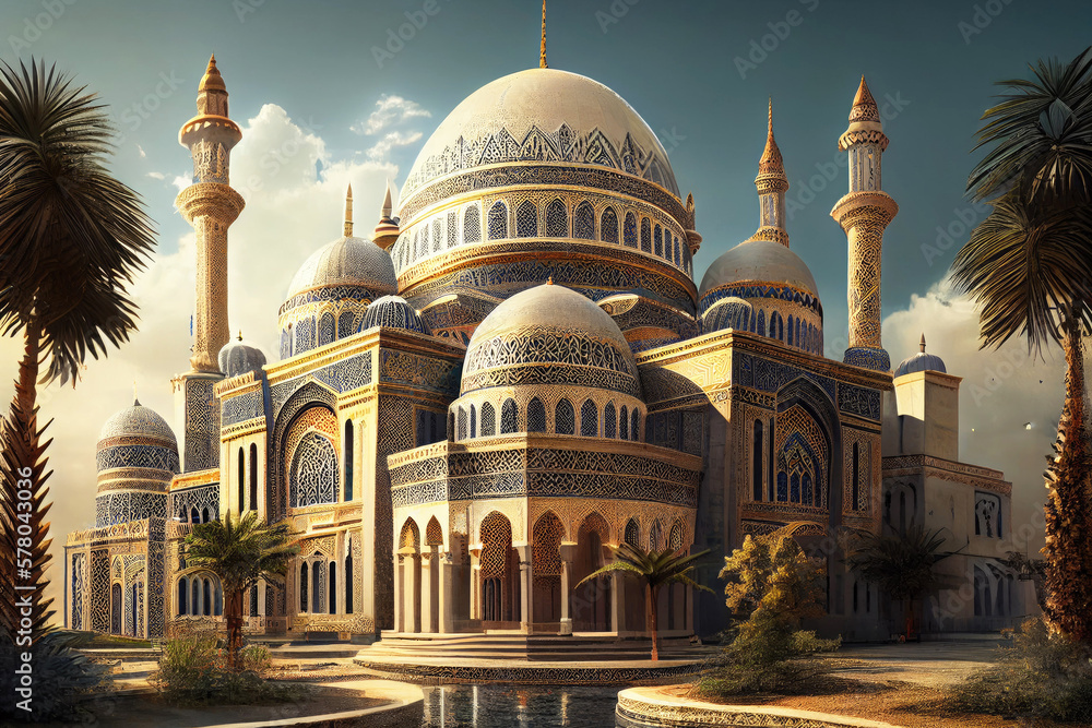 Amazing muslim mosque building. Beautiful islamic architecture. Generative Ai Art.