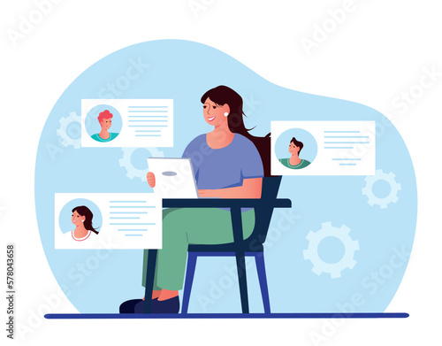 Job search concept. Woman at laptop evaluates candidates for vacancy. HR manager at workplace. We hiring and headhunting. Resume and CV, portfolio. Cartoon flat vector illustration