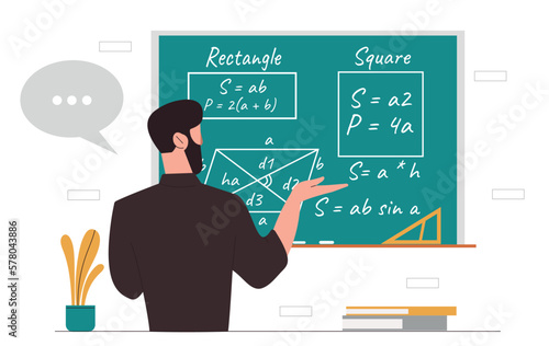 Man with formulas. Math teacher teaches lesson at school or lecture at university at blackboard. Education, learning and training. Rectangular and square space. Cartoon flat vector illustration