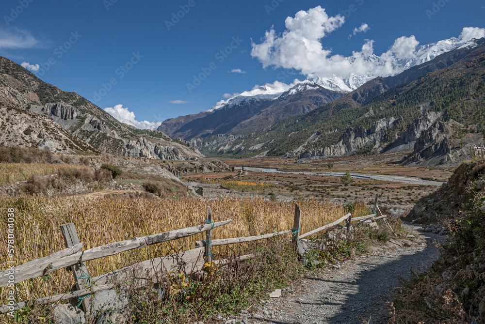 Entering Manang village, Manang valley with Marshyangdi river, Annapurna range, Himalayas, Nepal