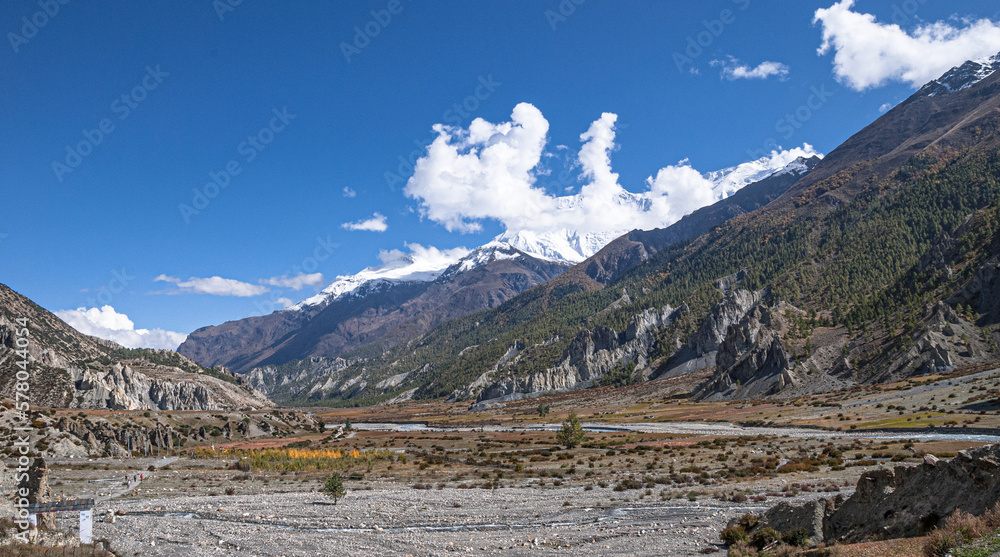 Entering Manang village, Manang valley with Marshyangdi river, Annapurna range, Himalayas, Nepal