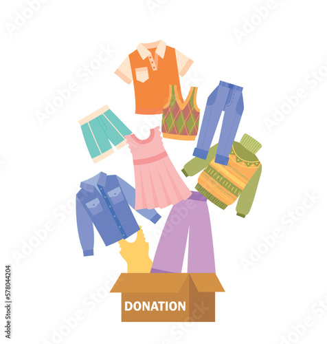 Clothes donation concept. Shorts, Tshirt, jeans sweater and dress. Charity, generosity and kindness. Community support, assistance. Cartoon flat vector illustration isolated on white background