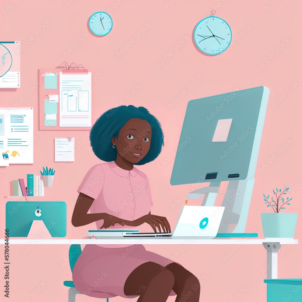 Black woman working on computer. Pastel shades. Great for business, wfh, entrepreneur etc. Black woman working on computer. Pastel shades. Great for business, wfh, entrepreneur etc.