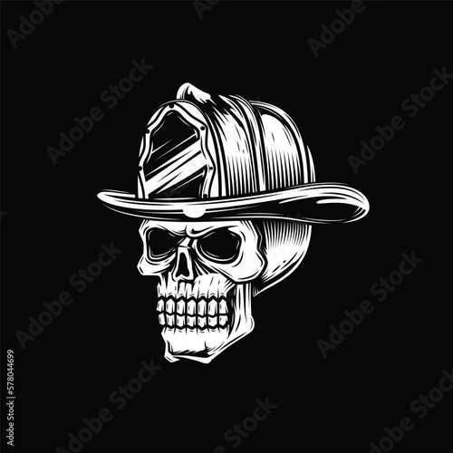Original vector illustration in vintage style. A skull in a fire helmet. T-shirt design, design element.