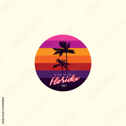 Vintage round sunset in the style of the 80s. Vector background. A design element.