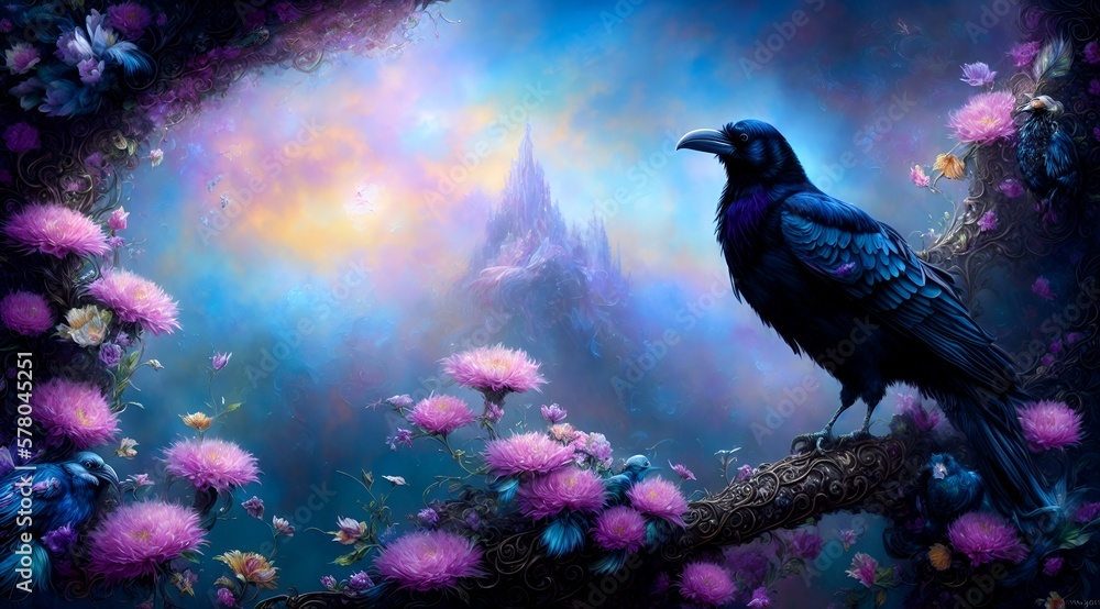 Fototapeta premium landscape view of a raven in fantasy forest, ai generated art, generative ai, upscaled