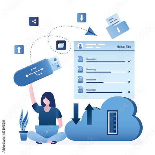 Fényképezés Woman user uploads various files in virtual storage and flash drive