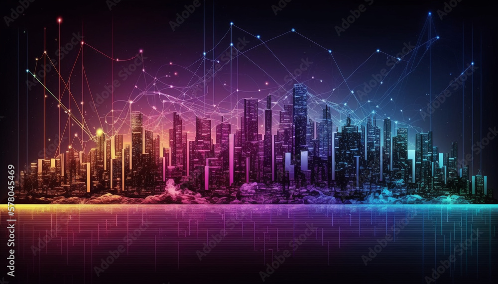 Smart city at night, application development concept, smart city, Internet of things, smart life, information technology, gradient grid line. Generative AI.