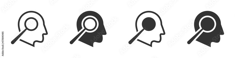 Head with magnifying glass icon. Brain search concept. Vector illustration. Head with magnifying glass icon. Brain search concept. Vector illustration.