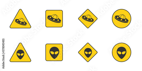 Danger UFO sign set. Aliens warning road signs. Flat vector illustration.
