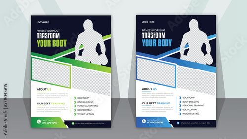 gym class flyer green and Blue color fitness bodybuilding and workout A4 size template abstract shape health poster
