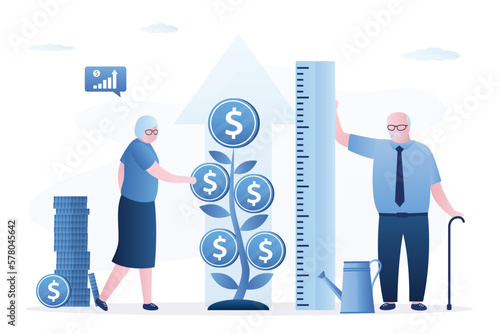 Grandparents people use ruler to measure profit from money tree. Retirement savings, pension fund, investment or earning for retiree. Senior financial planning, wealth management,