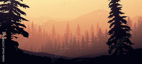beautiful forest and mountains view at sunset