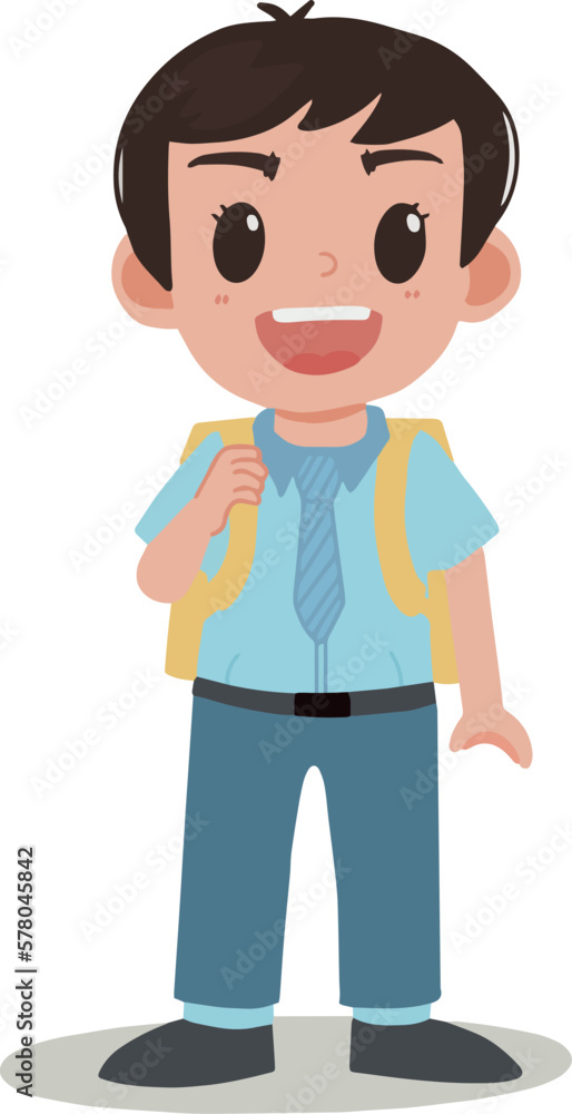 Handsome cute kid little school boy with uniform and backpack with smile smilling happy face illustration