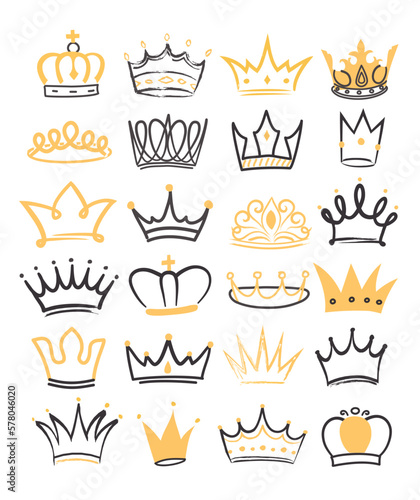 Crown doodle icons set. Collection of diadema for queen, king and princess. Imperial kingdom, monarchy and aristocracy, Medieval Age. Cartoon flat vector illustrations isolated on white background