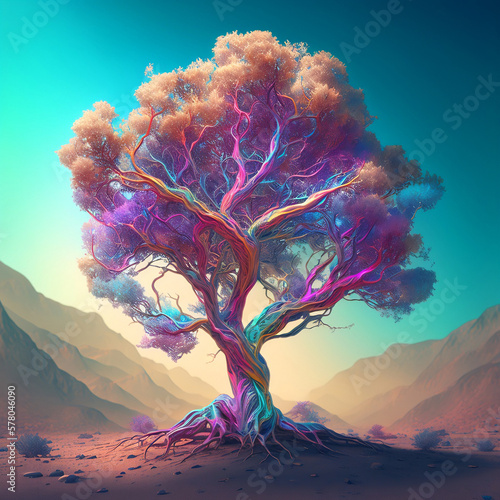 A tree with an iridescent style with a mountainous background