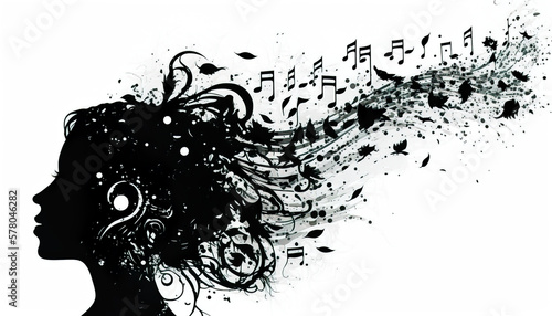 Female musician silhouette with musical notes. Listening to music calms everyone down and inspires them to sing. AI generated illustration.