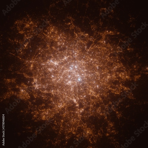 Paris (France) street lights map. Satellite view on modern city at night. Imitation of aerial view on roads network. 3d render