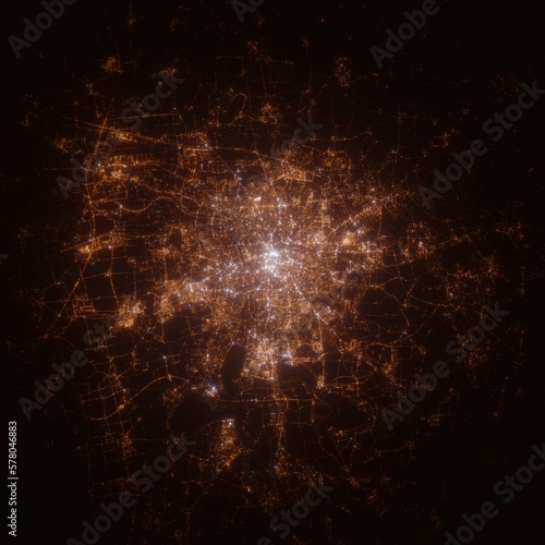 Leipzig (Germany) street lights map. Satellite view on modern city at night. Imitation of aerial view on roads network. 3d render