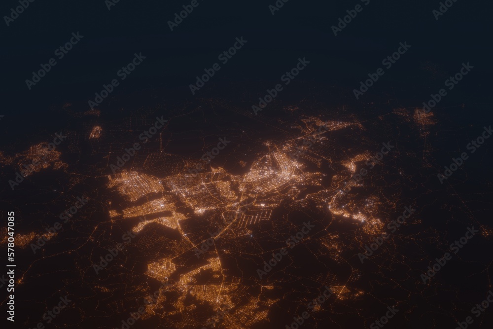 Aerial shot of Brasilia (Brazil) at night, view from south. Imitation of satellite view on modern city with street lights and glow effect. 3d render