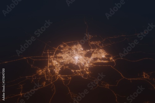 Aerial shot of Medina  Saudi Arabia  at night  view from north. Imitation of satellite view on modern city with street lights and glow effect. 3d render