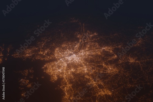 Aerial shot of Gothenburg (Sweden) at night, view from south. Imitation of satellite view on modern city with street lights and glow effect. 3d render