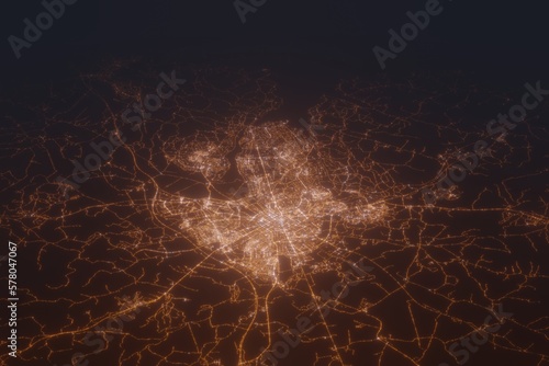Aerial shot of Uppsala (Sweden) at night, view from north. Imitation of satellite view on modern city with street lights and glow effect. 3d render