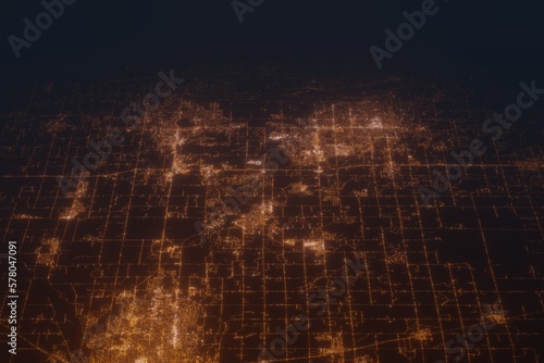 Aerial shot on Loveland, Fort Collins and Greeley (Colorado, USA) at night, view from east. Imitation of satellite view on modern city with street lights and glow effect. 3d render photo